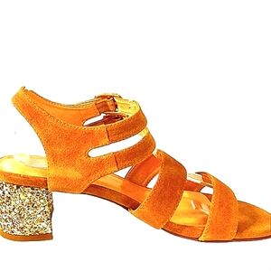 For Love & Lemons x Marais Jardin Sandal 2" Heel Gold Glitter Buckles Sz 8.5 NEW